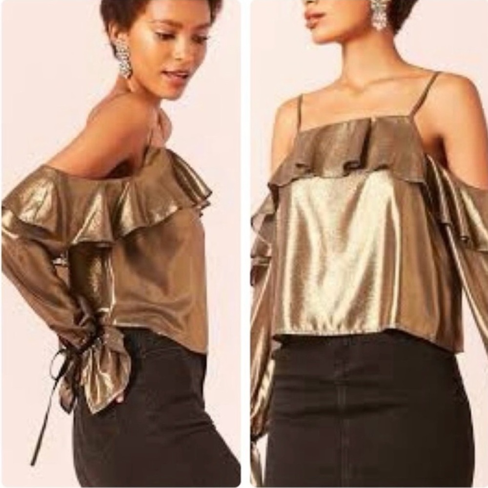 Forever 21 Cold Shoulders Gold Bronze Cropped Top with Sleeve Ties